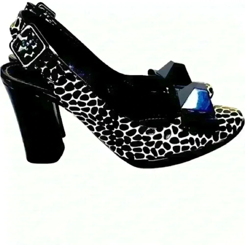 SONIA RYKIEL BLACK  WHITE ANIMAL PRINT SLINGBACK HEELS SHOES SQUARE TOE SIZE 6